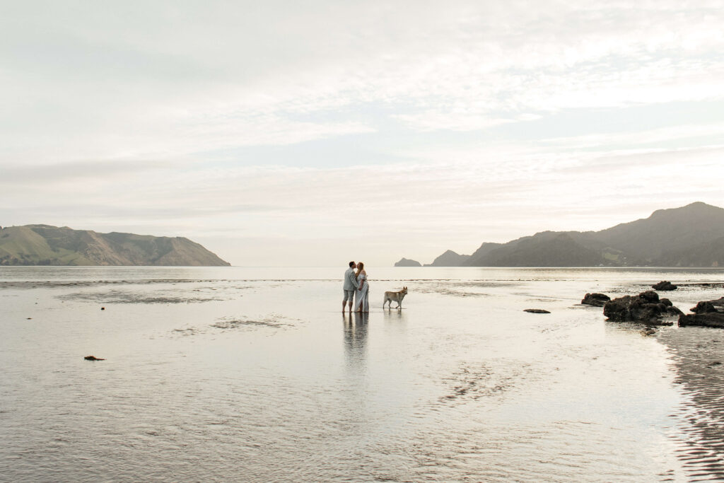 Romantic couple holding hands on rocky shoreline at Kakamatua Inlet, West Auckland engagement photography.
