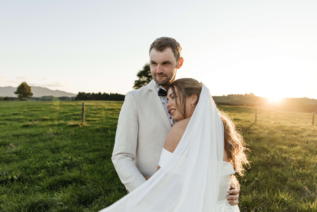 Golden hour portraits of bride and groom in paddocks at The Red Barn Karapiro