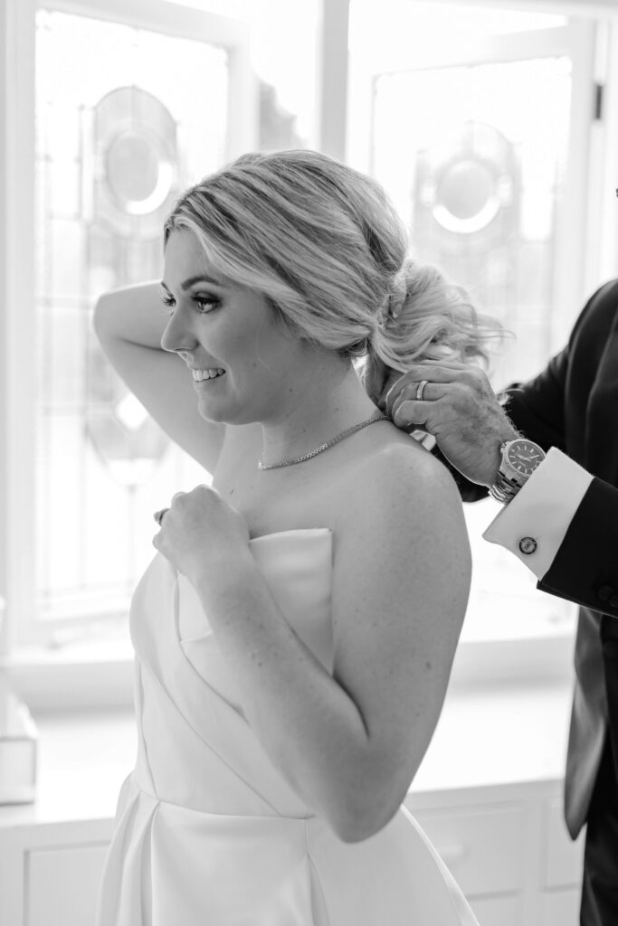 Elegant bridal portrait inside Puketutu Island Estate Spanish Mansion room