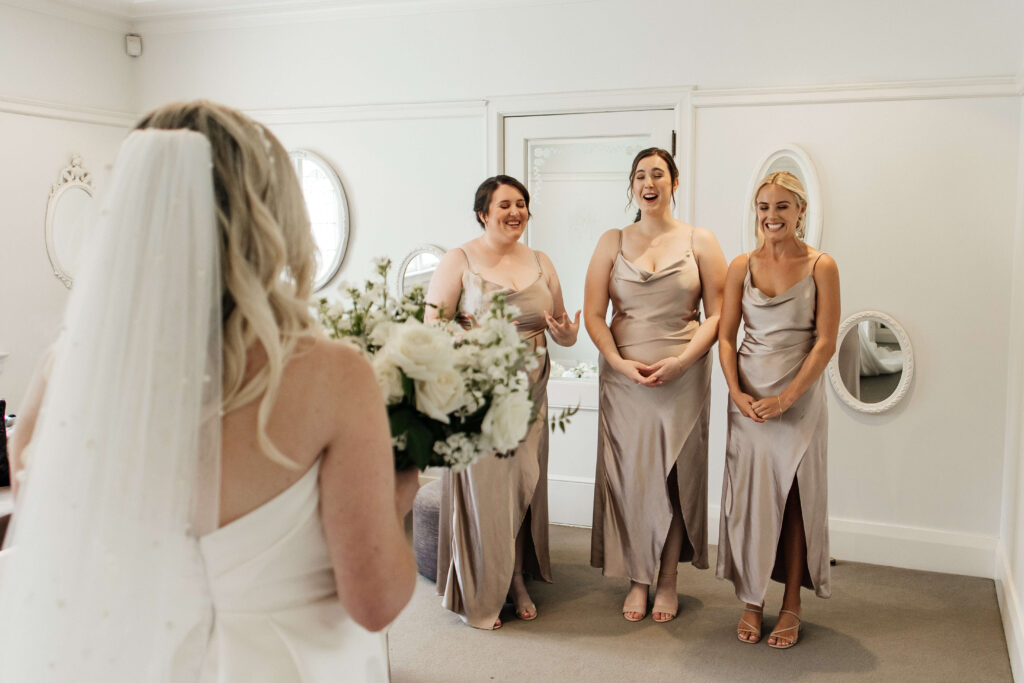 Elegant bridal portrait inside Puketutu Island Estate Spanish Mansion room