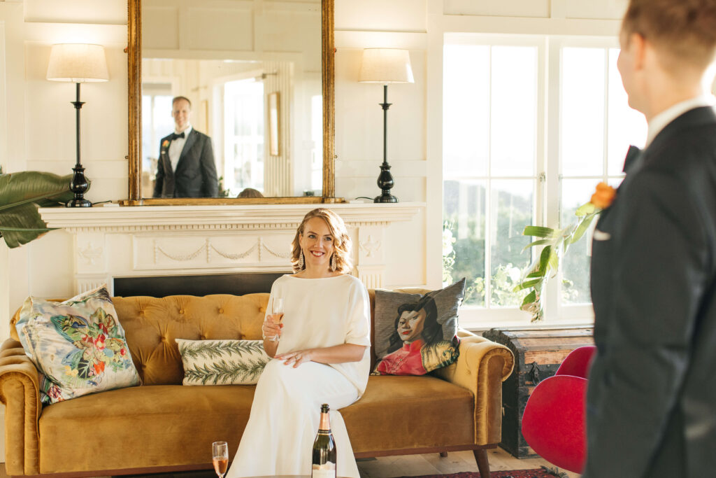 Intimate couple portraits inside Mudbrick Lodge with warm golden light – wedding at Mudbrick photographer