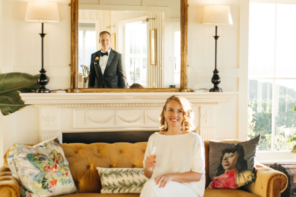 Intimate couple portraits inside Mudbrick Lodge with warm golden light – wedding at Mudbrick photographer