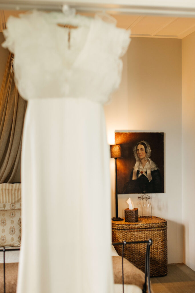 Close-up detail of Angela’s wedding dress before the ceremony at PAX Venue Auckland wedding.