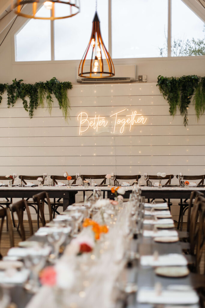 Elegant reception dinner setup inside Abel Estate for Shay and Howerd’s Auckland wedding.